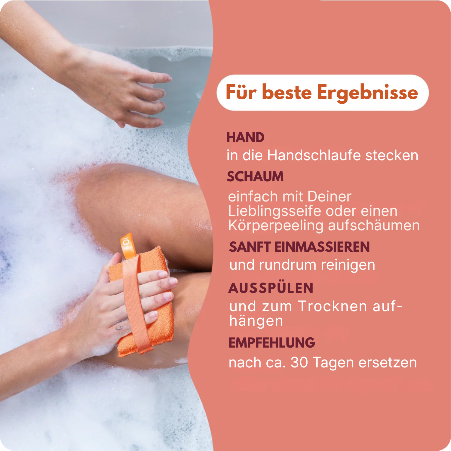 Duschschwamm schäumt stark auf mit Duschgel oder Seife